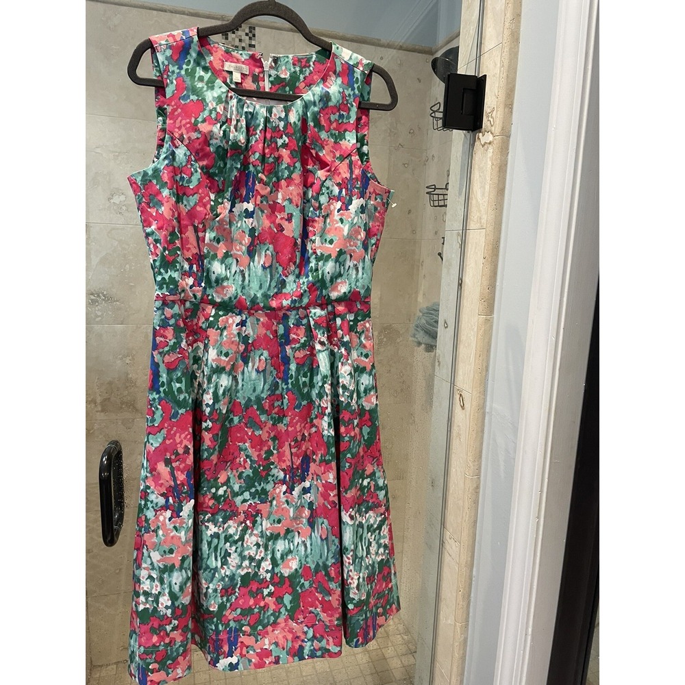 Talbots Womens Pink Green Watercolor Floral Fit Flare Dress 10 Sleeveless Midi